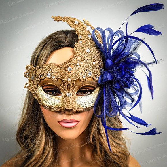 Blue feather masquerade mask mardi gras halloween - Picture 1 of 3